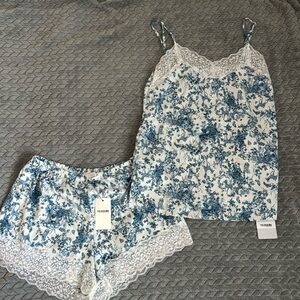 Blue Floral Lace-Trim Pajama Cami & Shorts Set